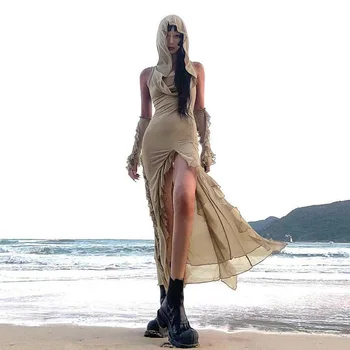 CF23049 Európskych a Amerických piesočná Duna Odpadu Klobúk Vrecku Dizajn jednofarebné Šaty Retro Sexy Slim Fit Split Dlhé Šaty Ženy