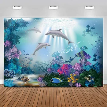 Dolphin Pozadie Dekorácie Mora Baby Sprcha Podmorské Koraly Narodeninovej Party Dezert Tabuľka Banner Fotografie Pozadí Štúdio