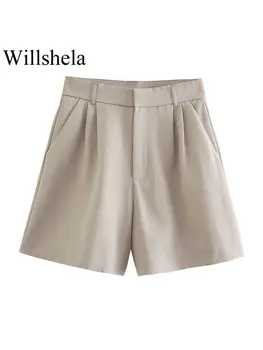 Willshela Ženy Móda Khaki Pevné Predné Zips Mini Šortky Vintage Vysoký Pás Žena Lady Chic Šortky