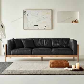 Taliansky minimalistický čierne kožené vata obývacia izba gauč retro tri osoby moderné