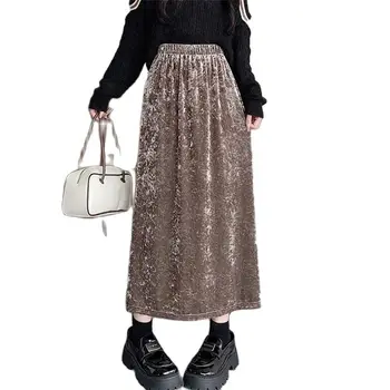 2023 Nové Jeseň Zima Zlaté Velvet Sukne Pre Ženy, Nadrozmerné Oblečenie Bežné Elastické Vysoký Pás Zábal Hip Split Späť Sukne 444