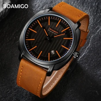BOAMIGO značky Luxusné módne trendy pre mužov hodinky kvality muž quartz hodinky pravej kože popruh náramkové hodinky vodotesné dat