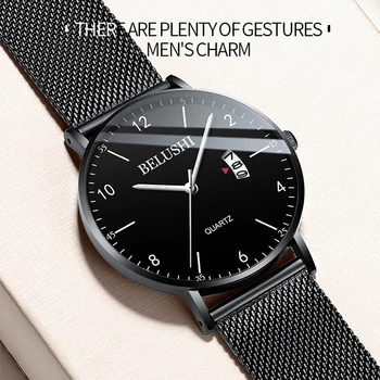 BELUSHI, Luxusné Značky Mužov náramkové hodinky Jednoduché Business Nerezová Oceľ Remienok Kalendár Mužské Hodinky Vodotesné Módne Darček Hodiny