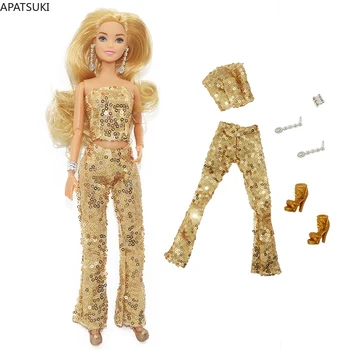 Film Zlatý Módne Oblečenie Set Pre Bábiku Barbie Bez Rukávov Top Nohavice, Topánky Náramok Náušnice Oblečenie 1/6 Bábiky, Príslušenstvo Hračky