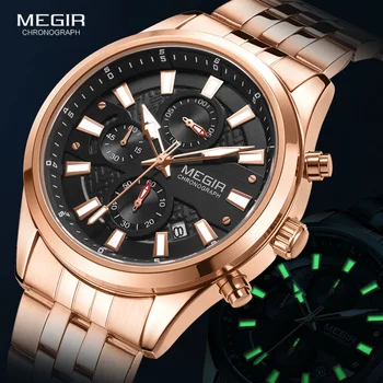 MEGIR pánske Hodinky 2020 Luxusný Top Značky Náramkové hodinky pre Mužov ružové Zlato z Nerezovej Ocele, Remienok Chronograf Quartz Hodinky Vodotesné