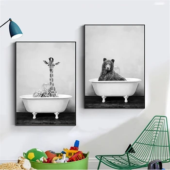 Čierna a Biela Zvierat Kúpeľni Vaňa nástenná maľba Plagát Miestnosti, detskej Izby, Spálne Dekorácie Plátno Umenie (bez Rámu)