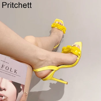 Yellow Crystal Reťazca Super Vysoké Podpätky 2023 Letné Jedno slovo Pás Stiletto Sandále Otvorené Prst Priedušná Sexy Duté dámske Topánky
