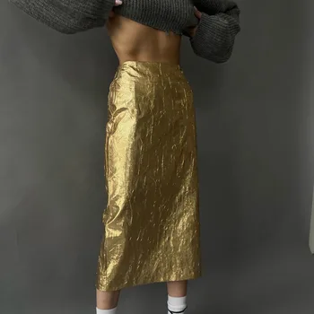 Móda Slim Zlaté dámske Sukne, Elegantné, Elegantné Vysoký Pás Midi Sukne Streetwear Vintage Faldas Sukne Ženské Oblečenie 2023
