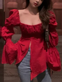 Červená Kórejský Štýl Sexy Blúzka Ženy Elegantný Dizajn Bežné Elegantné Blúzky, Žena 2023 Jeseň Sladký, Dlhý Rukáv Večer Party Oblečenie