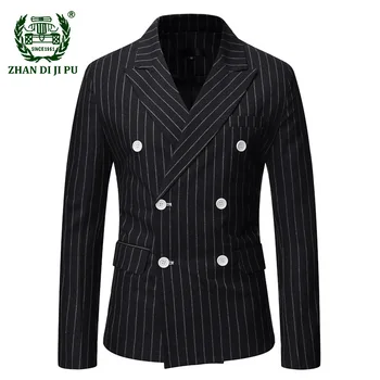 Pánske Sako Čierne Pruhované Módne Dvojité Breasted Pánske Sako Coats Bežné Mužov Sako Business Homme Kostým Masculino 3XL