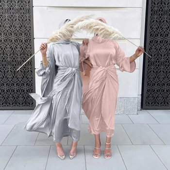 3 Kusy Moslimských Sady Eid Satin pre Ženy Dubaj Šaty Otvoriť Abaya Kimono Islam Skromné Oblečenie Zábal Predné Maxi Sukne