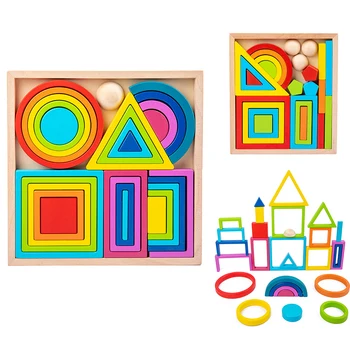 Rainbow Hniezdenie Stohovanie Hračka Diy Montessori Drevené Stavebné Bloky Vyváženie Hry Geometrické Kreatívne Vzdelávacie Hračky Pre Deti, Darčeky