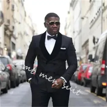 Čierne Pánske Svadobné Obleky Pre Dvojité Breasted Business Bežné Strany Slim Shaw Klope 2 Ks (Bunda+ Nohavice) Elegantný Kostým Homme