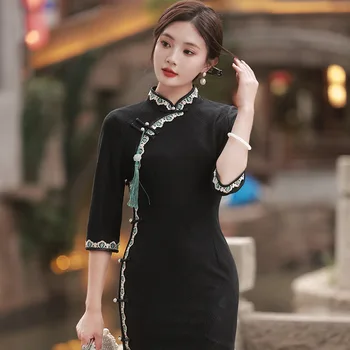 Yourqipao Jeseň Čipky Retro Black Marhuľový Cheongsam Elegantné Módne Qipao Tradičné Čínske Oblečenie Večerné Šaty pre Ženy