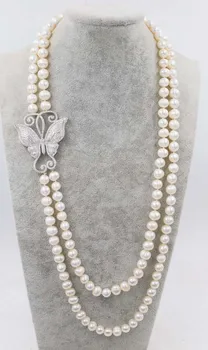 sladkovodné perly v blízkosti kolo 9mm biela náhrdelník motýľ zirkón prívesok 28-30inch veľkoobchod korálky prírody žena