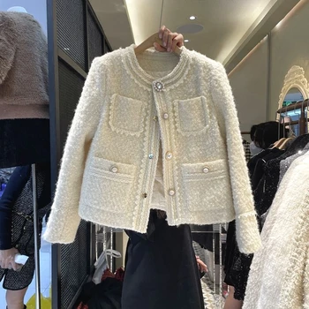 Ťažké Pearl Tlačidlá Dizajn Biela Tweed Bunda Ženy, Luxusné Jeseň Zima Kórejský Elegantné Hrubé Vlny Kabát Elegantné Office Lady Outwear