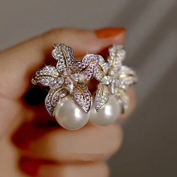 Nádherný Kvet Imitácia Pearl Náušnice Ženy, Luxusné Vykladané Šumivé CZ Kameň Módne Svadobné Šperky Veľkoobchod Veľa