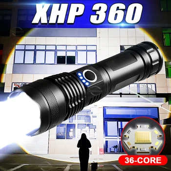 Silný 36-článková XHP360 LED Baterka Vysoký Výkon USB Nabíjateľné Baterky Super Svetlé Zoom Vonkajšie Nepremokavé Taktické Ručné Svietidlo