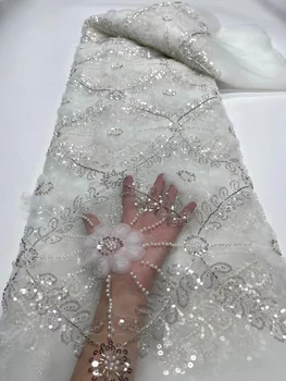 Ťažké Ručné Korálkové Čipky Textílie Lesk Postupnosť 2023 Kvalitné Luxusné Crystal Korálky Svadobné Biele Oka Afriky Tylu Sequin