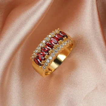 Luxusné Oválne Ružový Červený Kameň Snubné Prstene Pre Ženy, Zlatá Farba Vintage Zirkón Sľub Zásnubný Prsteň Narodeninovej Party Šperky Darček