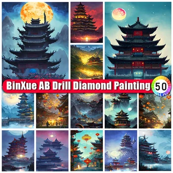 BinXue 5D DIY Krajiny Hrad AB Diamond Maľovanie Auta Pavilón Svietidla Cross Stitch Lesa Mesiac Ručné DIY Mozaikové Umenie Darček