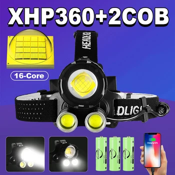 Najsilnejší XHP360 Led Svetlomet Svetlometu 18650 USB Nabíjateľné Hlavu Baterka 2COB Svetlo Vonkajšie Kempovanie, Rybárske Svetlomety