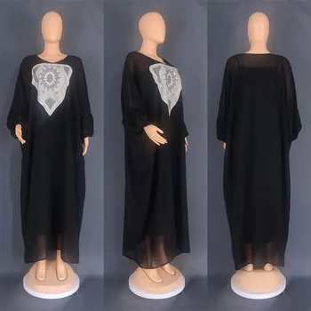 Africké Šaty pre Ženy Lete Elegantné Afriky, Dlhý Rukáv, V-neck Black Polyester Dlhé Šaty Maxi Šaty Moslimských Módne Abaya