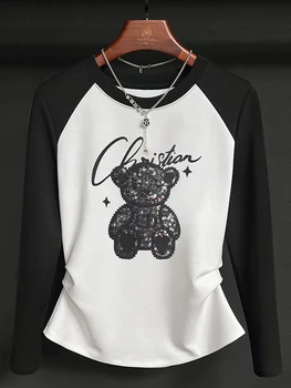 Americký Malého Medveďa Sequin Dlhý Rukáv T-shirt dámske Jesenné a Zimné Nové Čierne a Biele Skladaný Pás Móda, Top