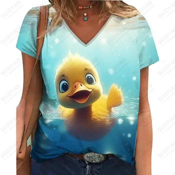 Letné nové dámske V-neck T -shirt Kačica 3D Tlač Pani V-neck T -shirt Roztomilý Voľný čas Módne Pani V-neck T -shirt
