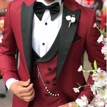 Najnovšie Klasické Burgundsko Muži Obleky Vrchol Klope Nevesty Svadobné Sako Formálny Ples Business Slim Fit Tuxedos ( Bunda+Nohavice+Vesta)