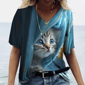Dámske tričko Kawaii Mačka Tlače 3D T Shirt Top Girls Y2k Oblečenie Letné Krátke Tričká V-neck Bežné Dovolenku Žena T-shirt