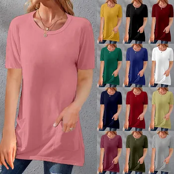 Dámske módne bežné farbou top krátke rukávy voľné kolo krku vrecku T-shirt Femme Plus Veľkosť Pulóver Topy Ženy Oblečenie