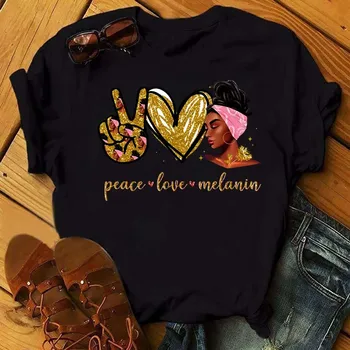 Mier, Láska, Melanín, Módne American Black Dievča Kúzlo Ženy T-Shirt Lete O-krku Topy Tees Bežné Základné Tričko Čierne Tričko