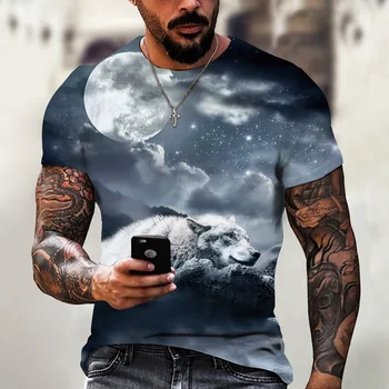 Vintage T Shirt Mens 3D Zviera Tlače Krátky Rukáv Topy Bežné Ulici Vlk Grafické T-shirt Nadrozmerné Tee Tričko Mužov Oblečenie
