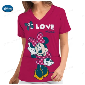 Dámske Topy s Vreckami V Krku Disney Mickey Minnie Tlač Drhnúť Jednotné Sestra dámske Tričko Krátky Rukáv Dámske Nohavice