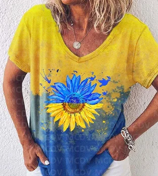 Ženy to Bežné V-Neck T-shirt Páva Slnečnice 3D celého Vytlačené T Košele Sexy Ženy, Pre Dievča Tee Topy, košele