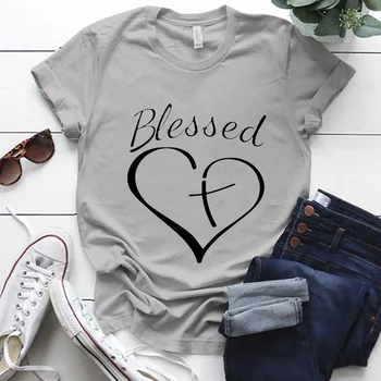 Požehnaný Kríž a Srdce Kresťanskej Tričko Sivé Tričko Top Harajuku Streetwear Módy pre Ženy, Unisex Oblečenie Graphic Tee Tričko
