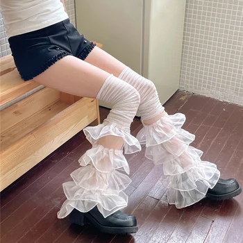 RUEWEY Ženy Harajuku Japonský Lolita Leg Warmers Multi-layer Rozstrapatené Gotický Čipky Dlhé Stehná Vysoké Ponožky Boot Putá Kryt (Čierny