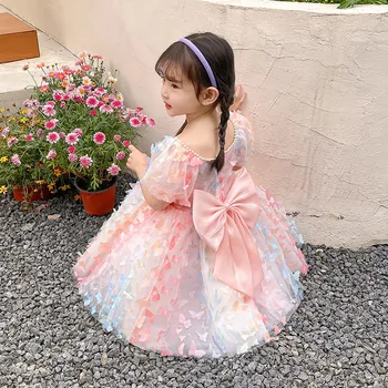 Letné Dievčatá Ružové Motýľ Nášivka Elegantné Šaty Princezná Narodeniny Krátky Rukáv Šaty Deti Oblečenie Vestidos