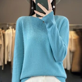 Jeseň/Zima 2023 nový sveter žena O-neck fashion duté sveter s dlhým rukávom 100% vlna v prvej línii ready-to-wear sveter
