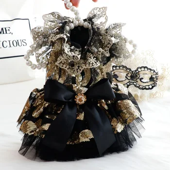 Ručné Luxusné Psa Oblečenie Móda Jemné Čierne Zlato Čipky Sequin Čela Strany Svadobné Princezná Šaty Pre Malé Stredné Pes, Pudel