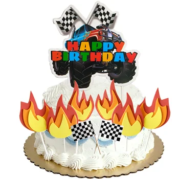 Monster Truck Happy Birthday Cake Vňaťou Závodné Auto, Čierna A Biela Šachovnicovou Vlajkou Cake Decor Monster Truck Strana Dodávky
