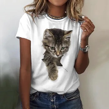 Móda Žena Blúzky 2023 T-shirt dámske 3d Mačky Tlače Čiernej Kawaii O-neck T Shirt Ženské Oblečenie Nadrozmerné Letné Topy Tees