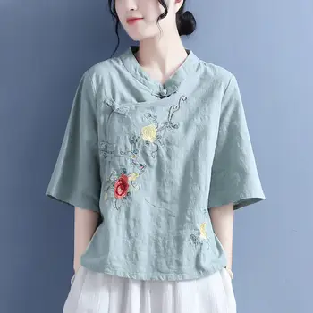 Vintage Výšivky Bavlnená Posteľná Bielizeň, Košele Ženy Bežné Stojan Šikmé Šikmé Tlačidlo Hore Blúzka Harajuku Čínsky Voľné Topy Mujer