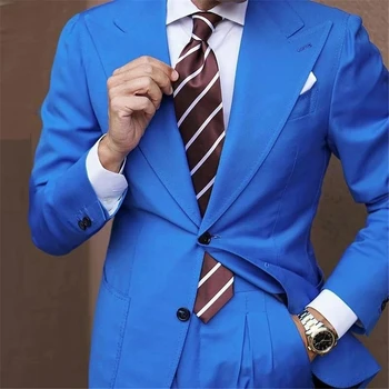 Hansome Modrá Muži Obleky Dve Tlačidlá Vrchol Klope Kostým Homme Svadby Ženích Smoking Terno Masculino Slim Fit Prom Sako 2 Kusy