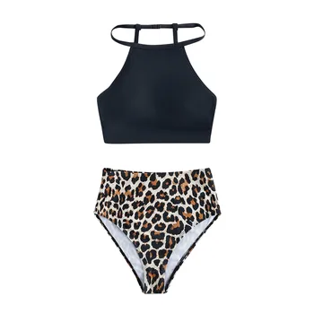 Dámske Bikiny Split Plavky Vysoký Pás Visí na Krku Sexy Leopard Tlač S Hrudníka Vankúš Bez Ložiskovej Ocele ropa de mujer