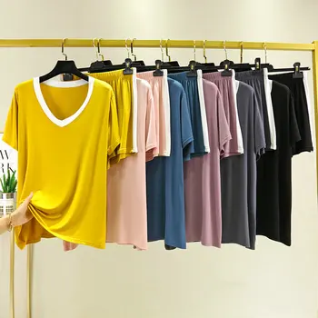 Modálne tvaru Dosky s Kontrastné Farebné Šortky Pyžamo dámske Letné oblečenie pre voľný čas Oblek Krátke Rukávy Šortky Domáce Oblečenie