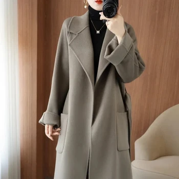 2023Winter Nové obojstranné Vlnené Kabáty Žien dlho kórejský Voľné Luxusné Slim 100 Vlna Bunda Lady Pás Cardigan Vlna Zvrchníky