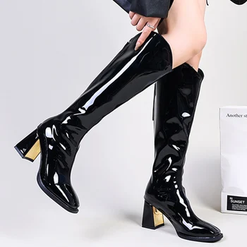 Nový Ženy Kolená Vysoké Robustný Chelsea Boots 2023 Zimné Vysoké Podpätky, Sexy Goth Topánky Punk Móda Gladiator Zips Motocykel Topánky