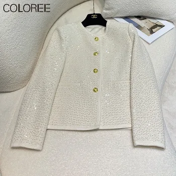 Luxusné Flitrami Chaquetas Para Mujeres kórejský Módne O-krku Biely Tweed Bunda pre Ženy 2023 Značky Dizajnér Vlnené Kabáty Femme
